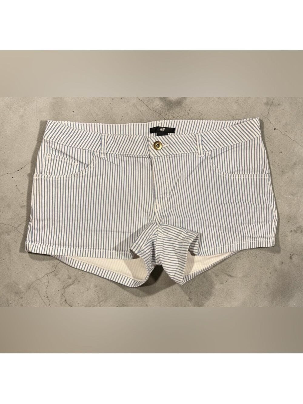 H&M White Blue Stripe High Waist Shorts Cotton Blend